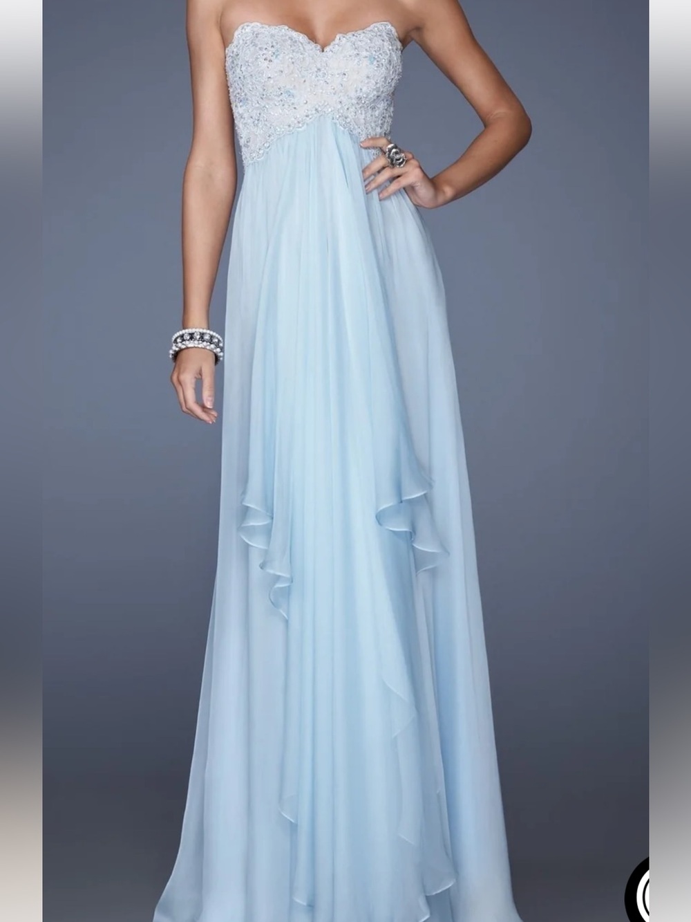 La Femme long light blue formal dress with lace embellished bodice
